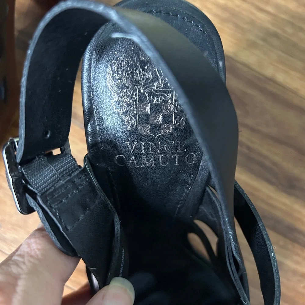 Vince Camuto Black Leather Woven Platform Block Heel Slingback Sandals 8.5M